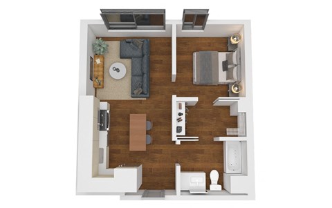 a stylized floor plan with a bedroom and a living room